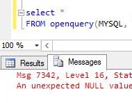 SQL Server / MySQL / Linked Server / An unexpected NULL value was returned for column